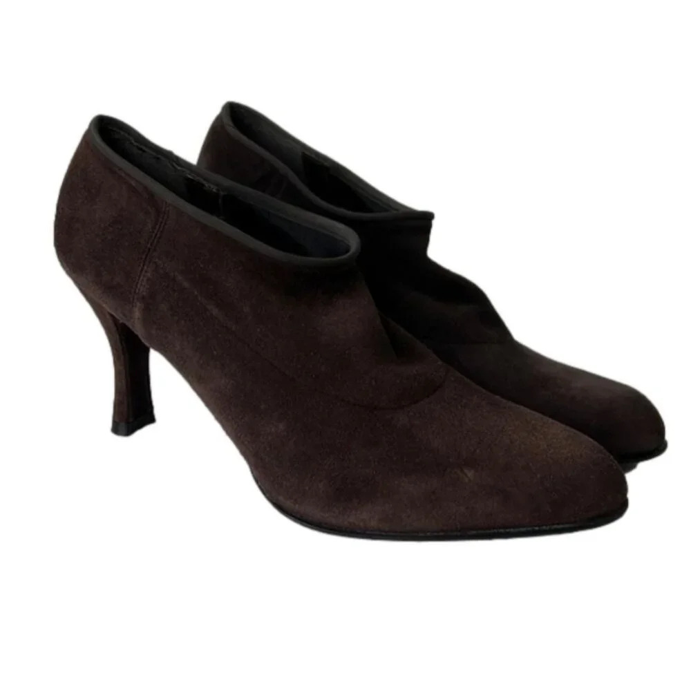 Stuart Weiztman Brown Suede Slip on Kitten heel Bootie